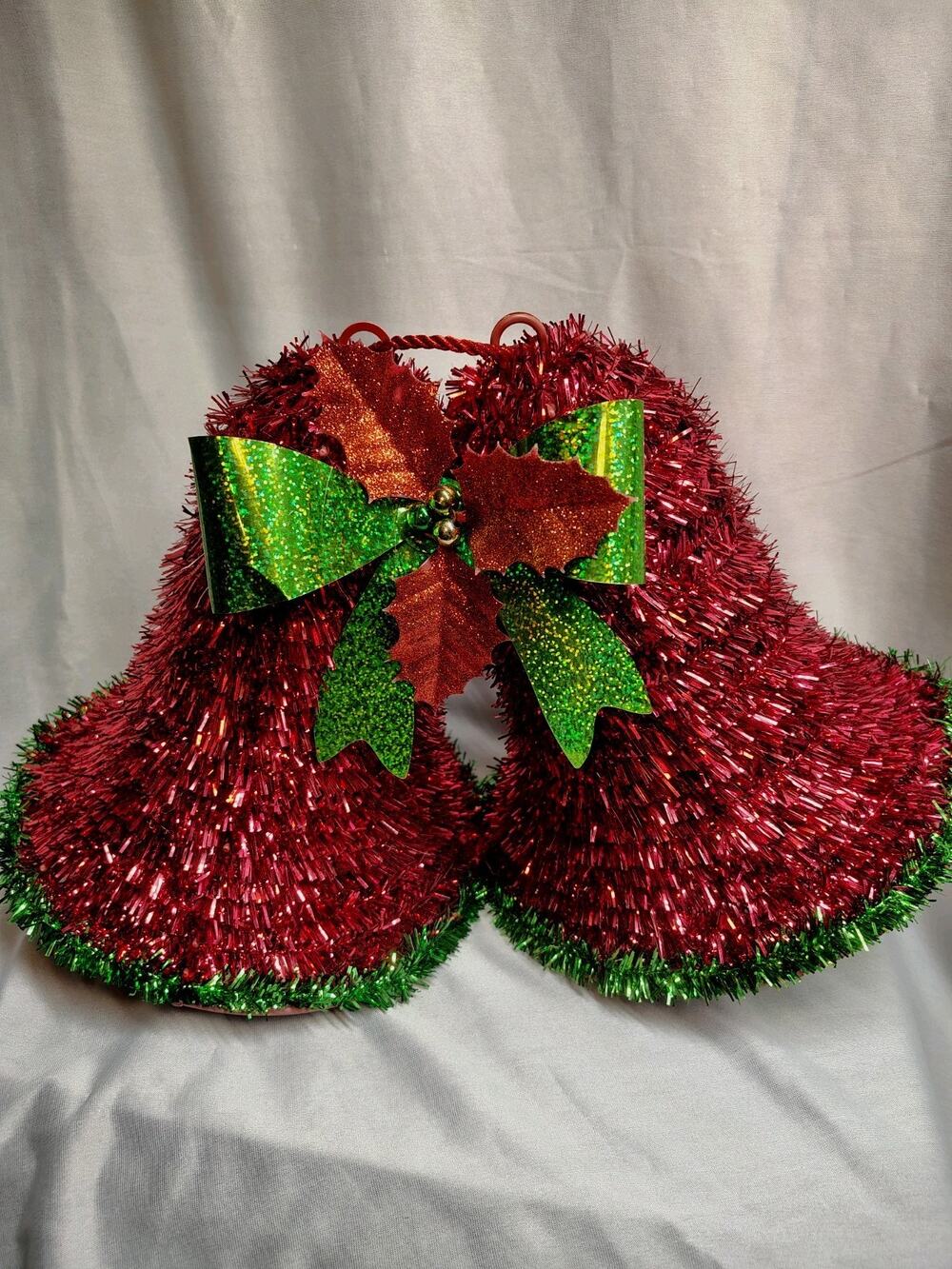 Vintage Christmas Bells Red Green Tinsel Plastic Hanging Door Wall Decoration